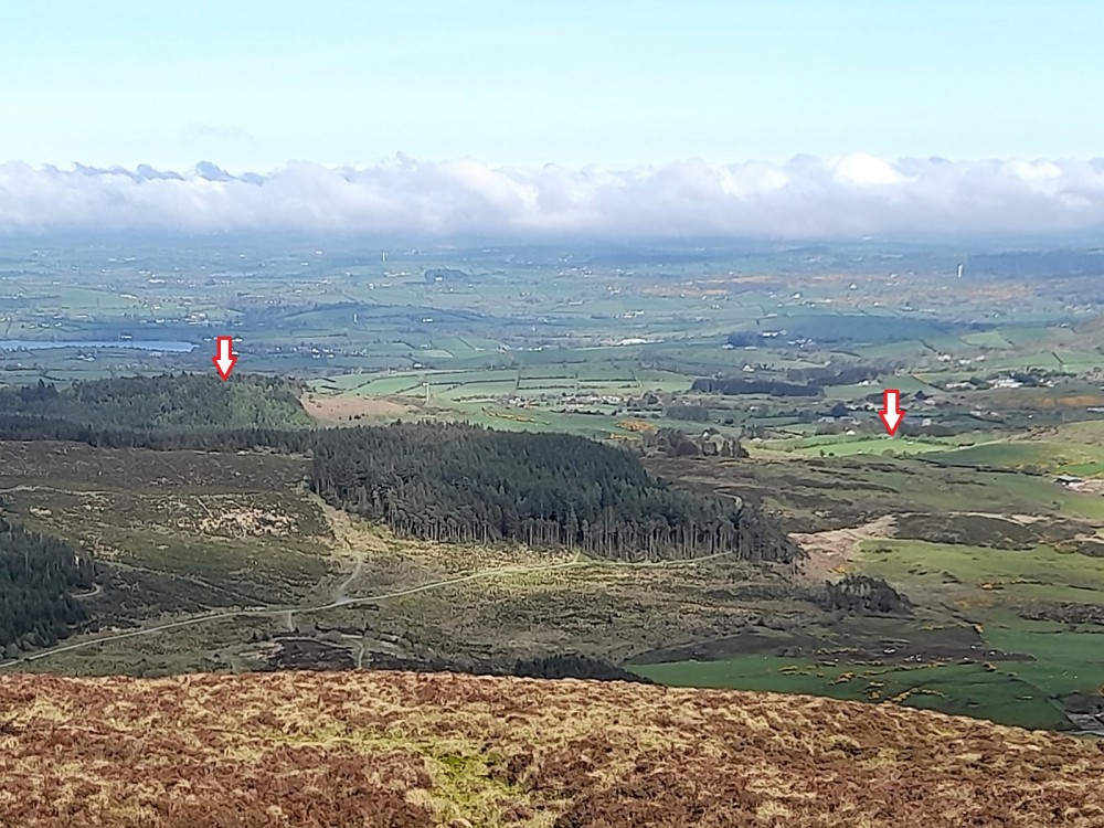 Drumkeeragh Forest from Slieve Croob (arrows show parking field and start)