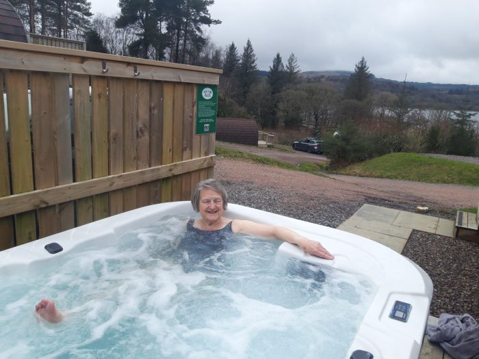 Eleanor recovering in an Executive Cabin hot tub at Tarbert Holiday Park, after a challenging SOL event