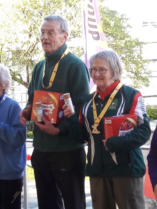 ESOC M/W80 power couple Ian and Eleanor Pyrah both win Sprint Gold medals, aptly winning a box of "Celebrations" each