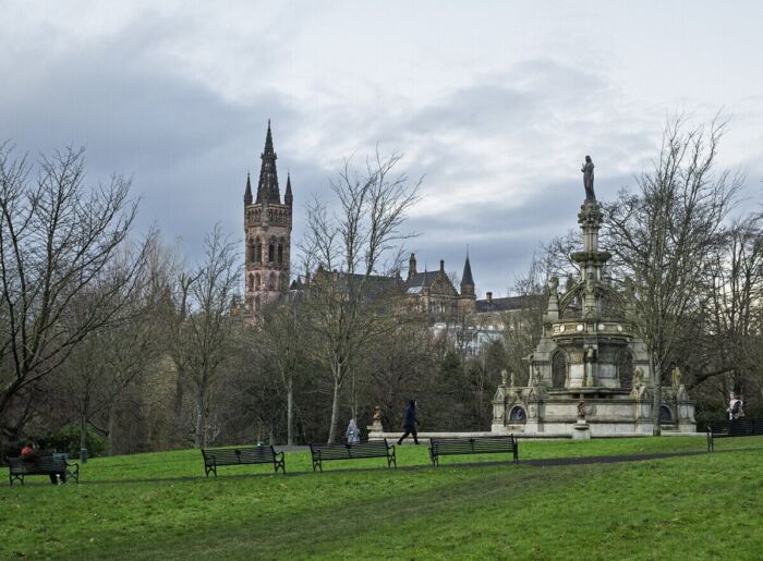 Glasgow University and the Stewart Memorial Fountain, Kelvingrove Park